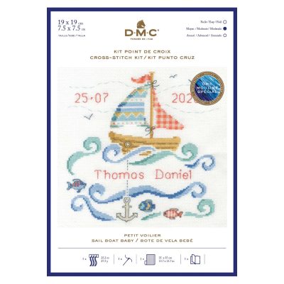 DMC BABY CROSS STITCH KIT - SAIL BOAT BABY 19X19CM